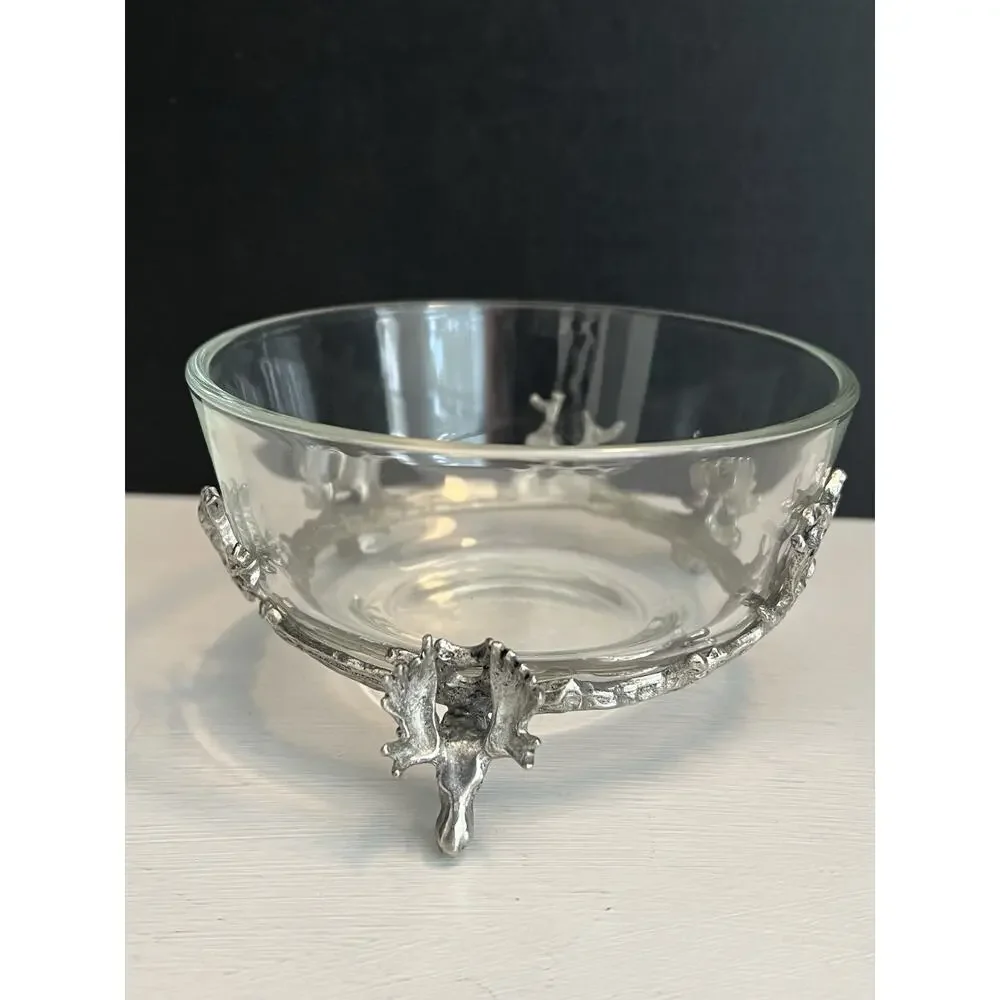 Stag Head Pewter Glass Bowl Cocktail Pick Holder & Picks 3pc Set Condiment Lodge